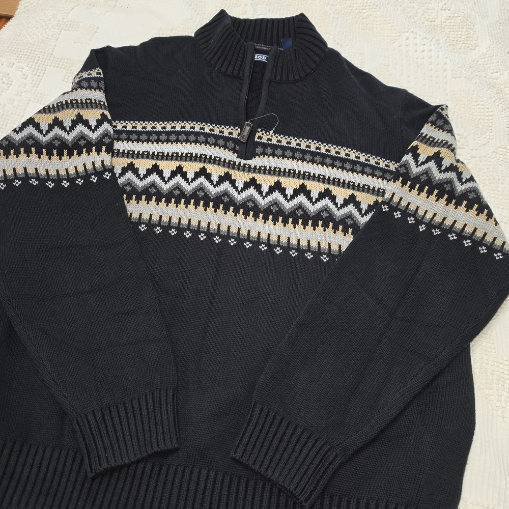 IZOD Men XL Fair Isle Nordic Quarter Zip Sweater Black Tan Après Ski Lodge NWOT